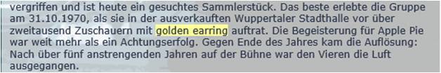 Internet information about Golden Earring performance October 31, 1970 Wuppertal (Germany)